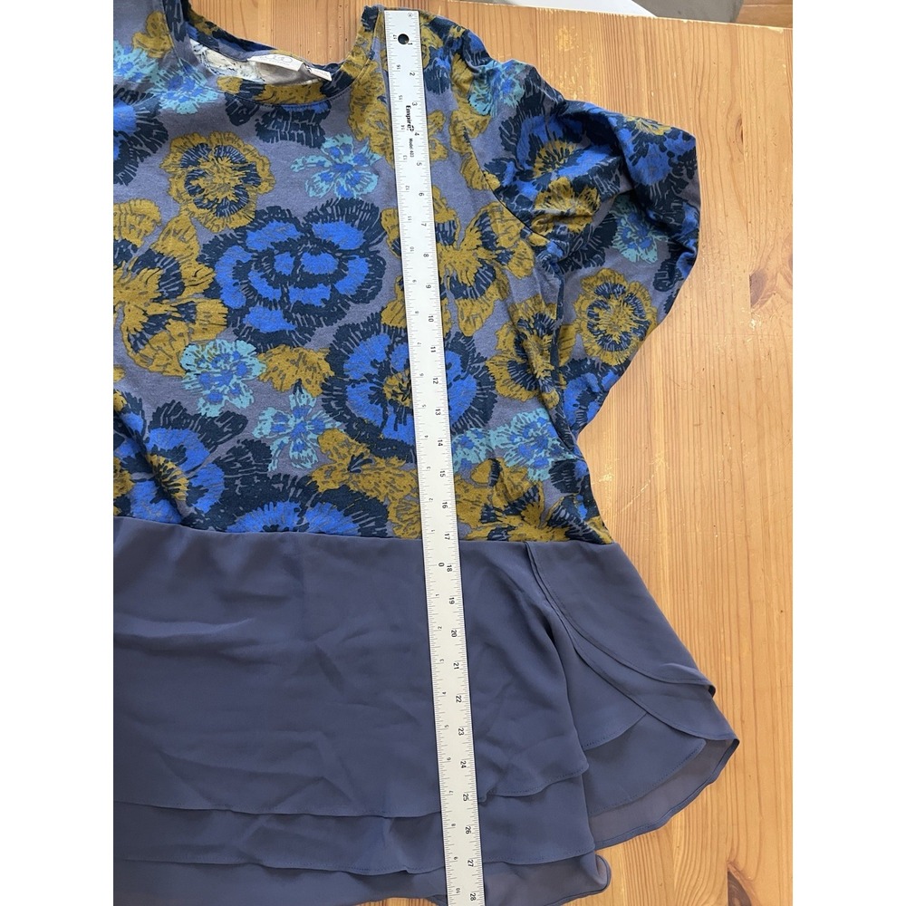 LOGO Lori Goldstein Floral Layered Hem Tunic Top Blue Mustard Artsy Boho Large - Picture 8 of 10
